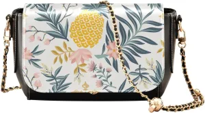 Tropical Vintage Pineapple Flowers Crossbody Bags for Women, Trendy Small Shoulder Bag, PU Leather Clutch Purse Underarm Handbag Satchel HandBag with Adjustable Metal Chain