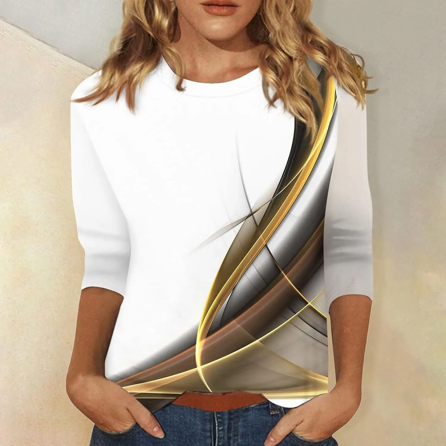 Tshirts Shirts for Women O-Neck 3/4 Sleeve Shirts Printed Basic Blouses Cute Loose Fit Tunic Casual Trendy Clothing