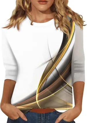Tshirts Shirts for Women O-Neck 3/4 Sleeve Shirts Printed Basic Blouses Cute Loose Fit Tunic Casual Trendy Clothing