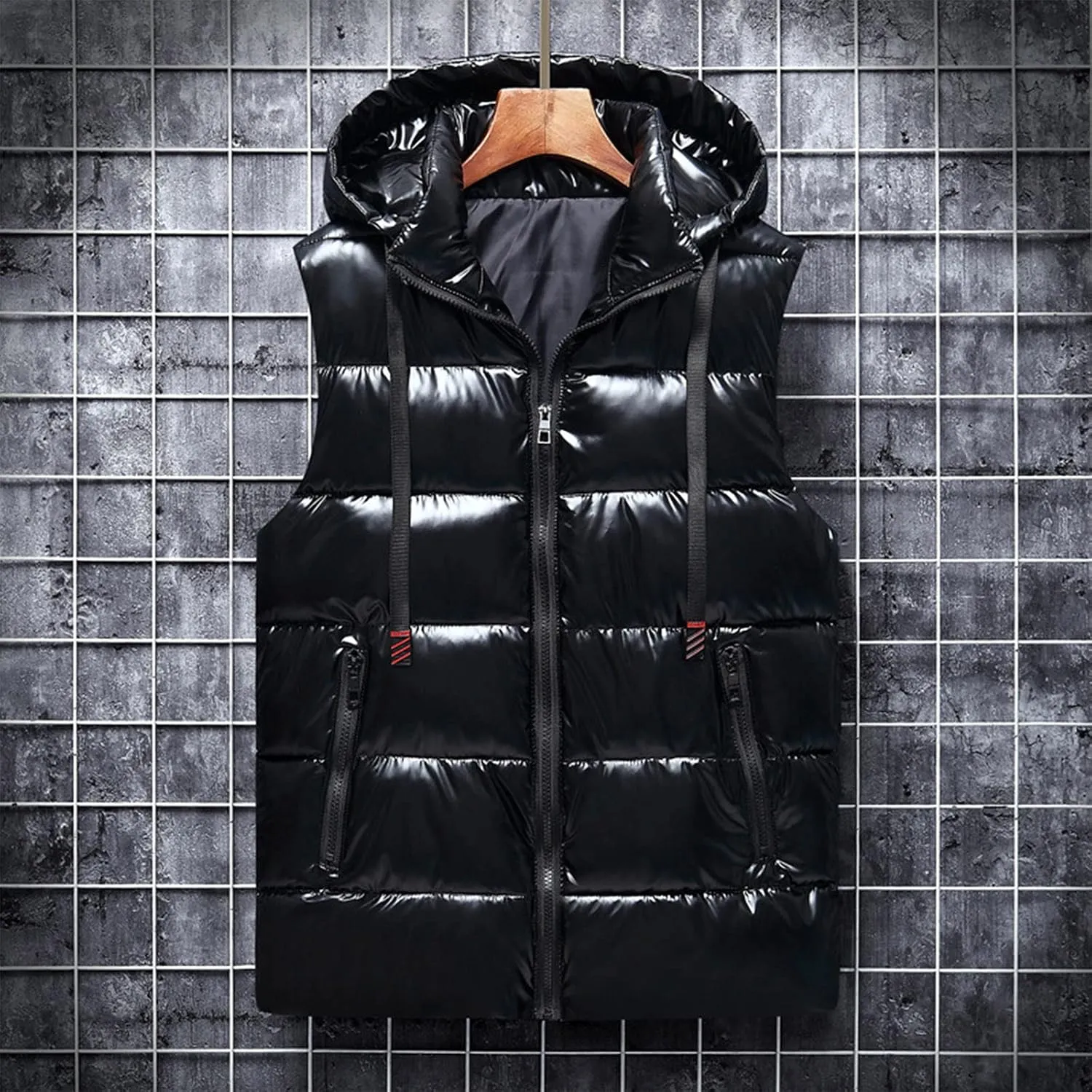 tuduoms Womens Hooded Shiny Puffer Vest Lightweight Waterproof Slim Sleeveless Quilted Removable Hooded Winter Down Vest Coat