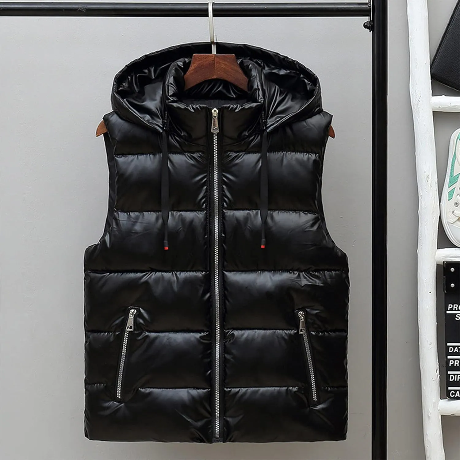 tuduoms Womens Hooded Shiny Puffer Vest Lightweight Waterproof Slim Sleeveless Quilted Removable Hooded Winter Down Vest Coat