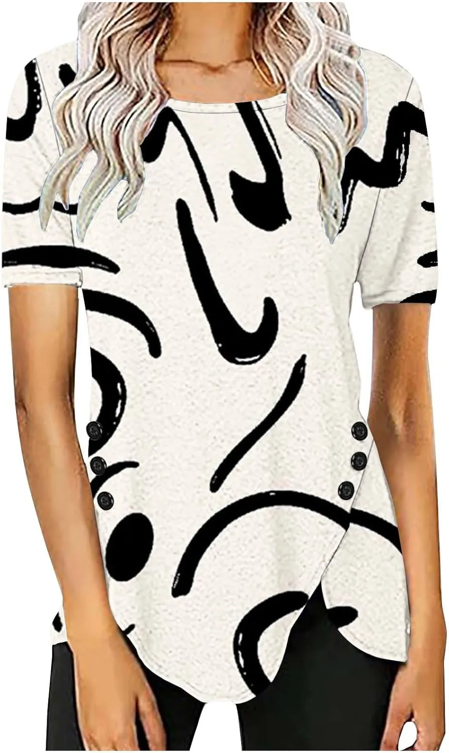 Tunic Tops for Women Loose Fit Dressy Short Sleeve Crew Neck T Shirts Summer Floral Graphic Tees Irregular Hem Blouse