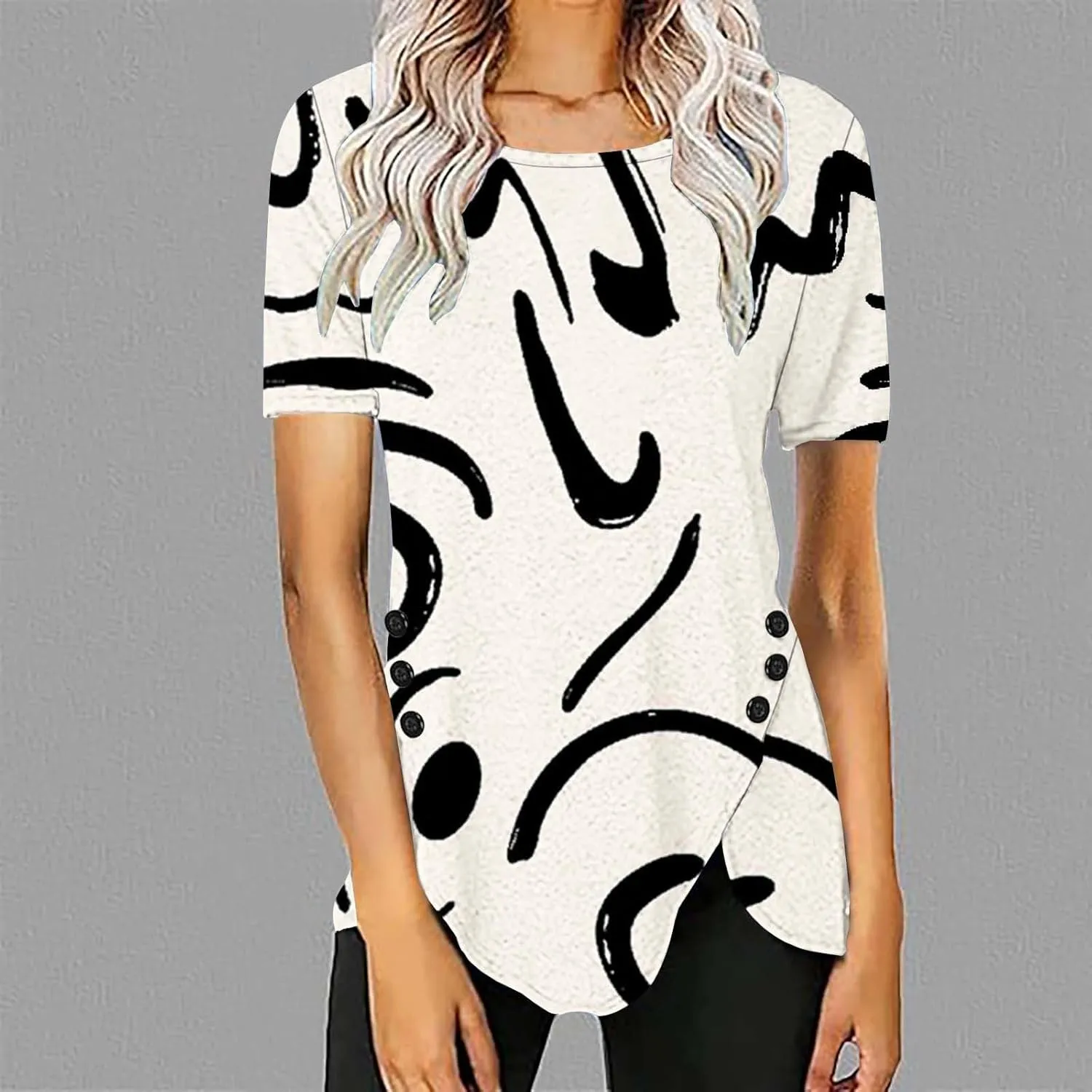 Tunic Tops for Women Loose Fit Dressy Short Sleeve Crew Neck T Shirts Summer Floral Graphic Tees Irregular Hem Blouse