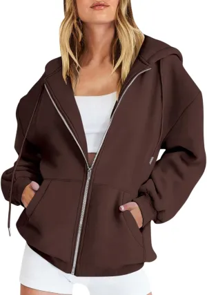 TWGONE Womens Zip Up Hoodies Long Sleeve Oversized Sweatshirts Y2K Jacket Pockets Fall Winter Outfits Fashion Clothes