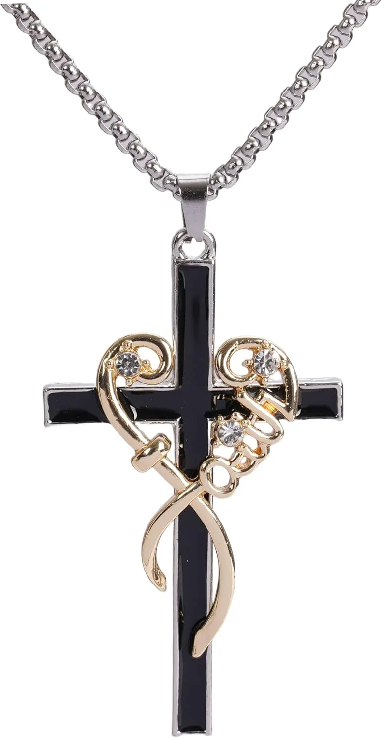 Two-Tone Cross Pendant Necklace with Rose Detail, Adjustable Chain Length, stainless steel chain