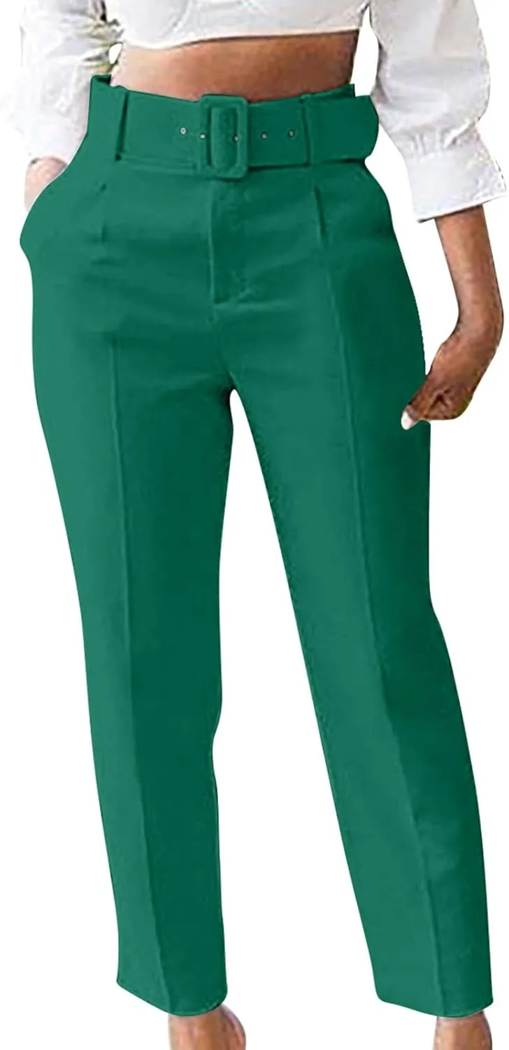 Uillui Dress Suit Pants for Women Business Casual Straight Leg Trouser Dressy High Waist Office Work Pant Slacks with Belted