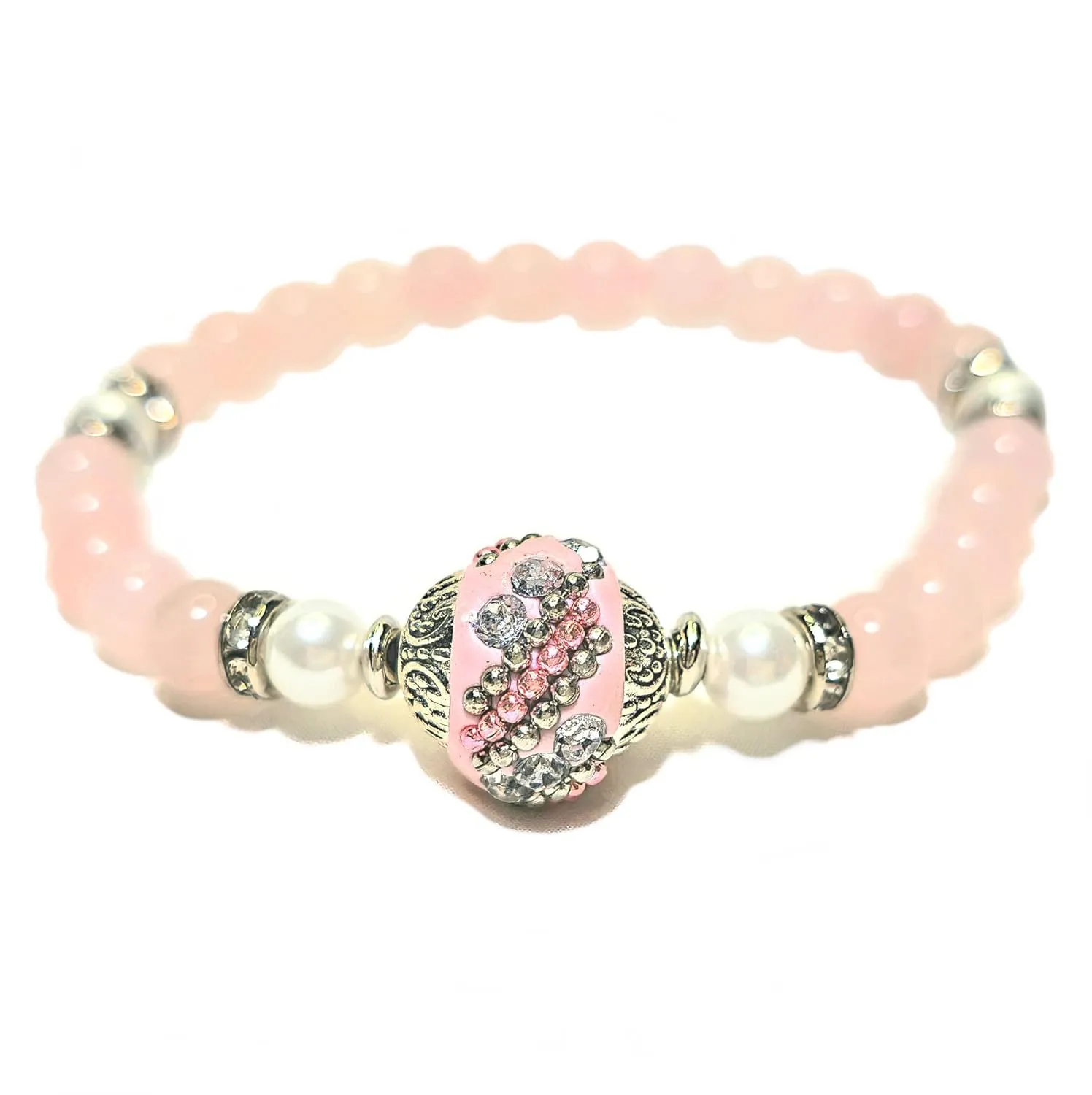 Unconditional Love Bracelet Gemstones Rose Quartz AAA   South Sea Pearls   Crystals Spacer   Big Light Pink Clay Bead w/Rhinestones Exclusively Handmade by Yoga Girl USA (rose-quartz)