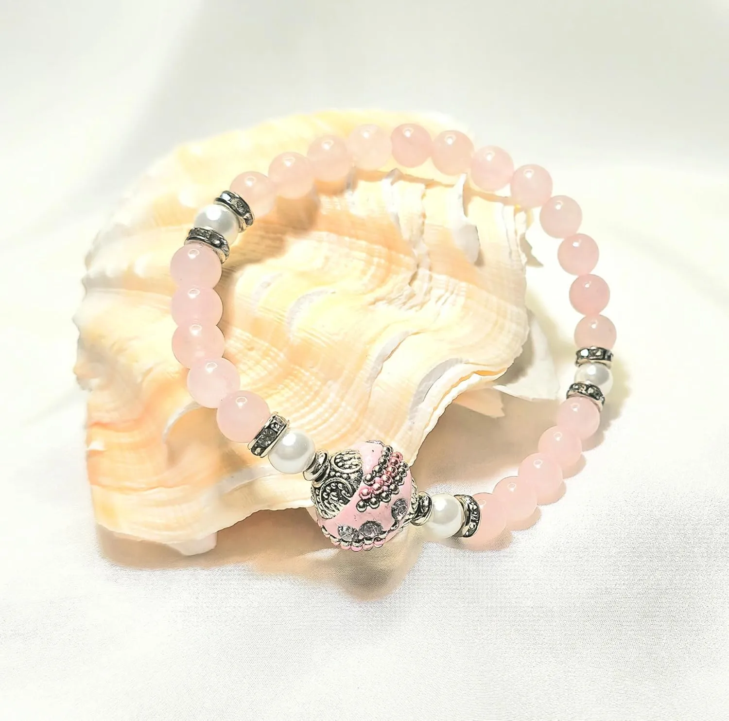 Unconditional Love Bracelet Gemstones Rose Quartz AAA   South Sea Pearls   Crystals Spacer   Big Light Pink Clay Bead w/Rhinestones Exclusively Handmade by Yoga Girl USA (rose-quartz)
