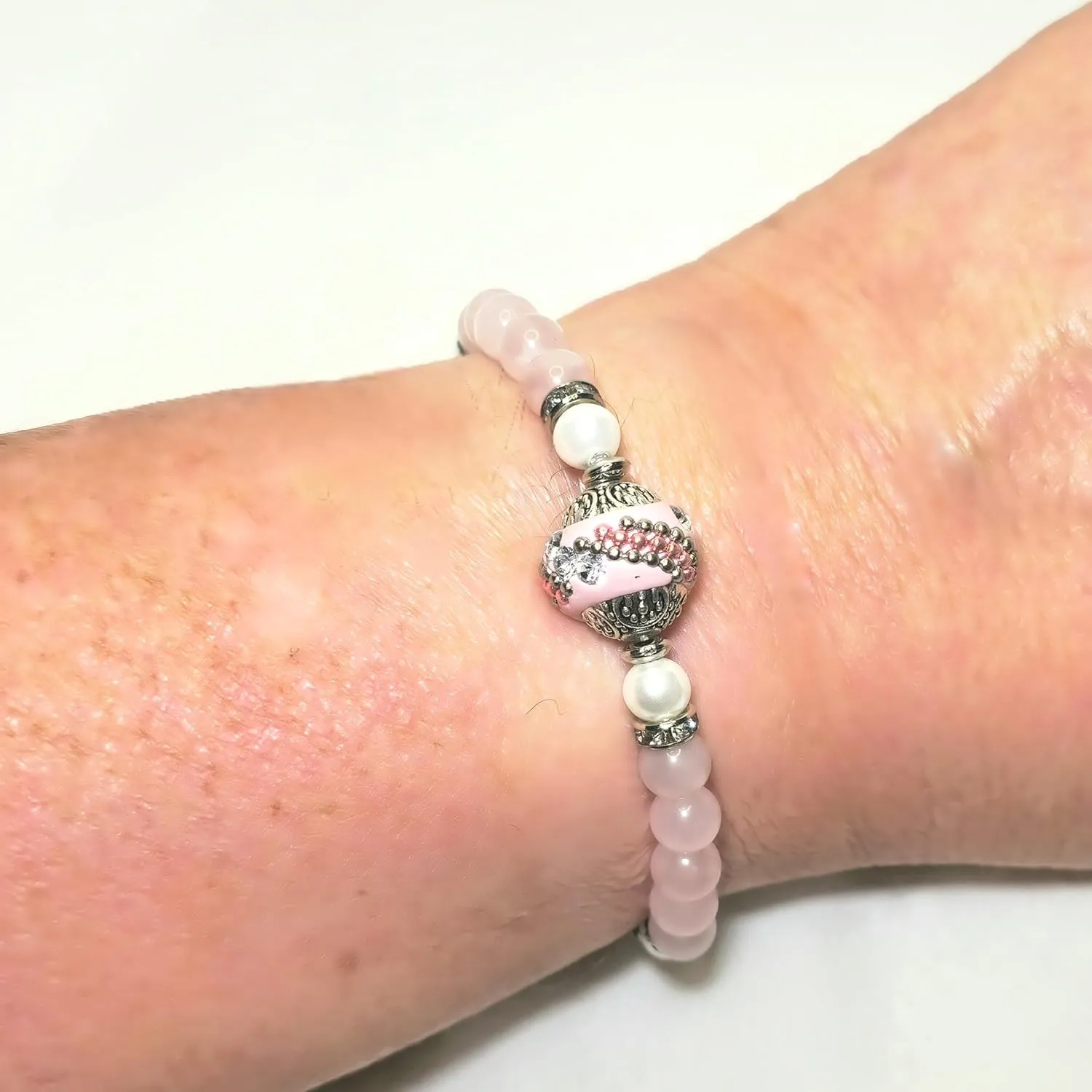 Unconditional Love Bracelet Gemstones Rose Quartz AAA   South Sea Pearls   Crystals Spacer   Big Light Pink Clay Bead w/Rhinestones Exclusively Handmade by Yoga Girl USA (rose-quartz)