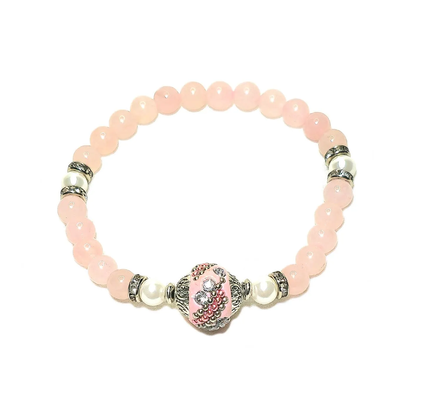 Unconditional Love Bracelet Gemstones Rose Quartz AAA   South Sea Pearls   Crystals Spacer   Big Light Pink Clay Bead w/Rhinestones Exclusively Handmade by Yoga Girl USA (rose-quartz)