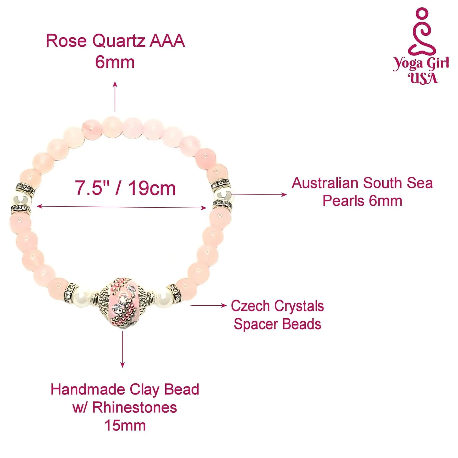 Unconditional Love Bracelet Gemstones Rose Quartz AAA   South Sea Pearls   Crystals Spacer   Big Light Pink Clay Bead w/Rhinestones Exclusively Handmade by Yoga Girl USA (rose-quartz)