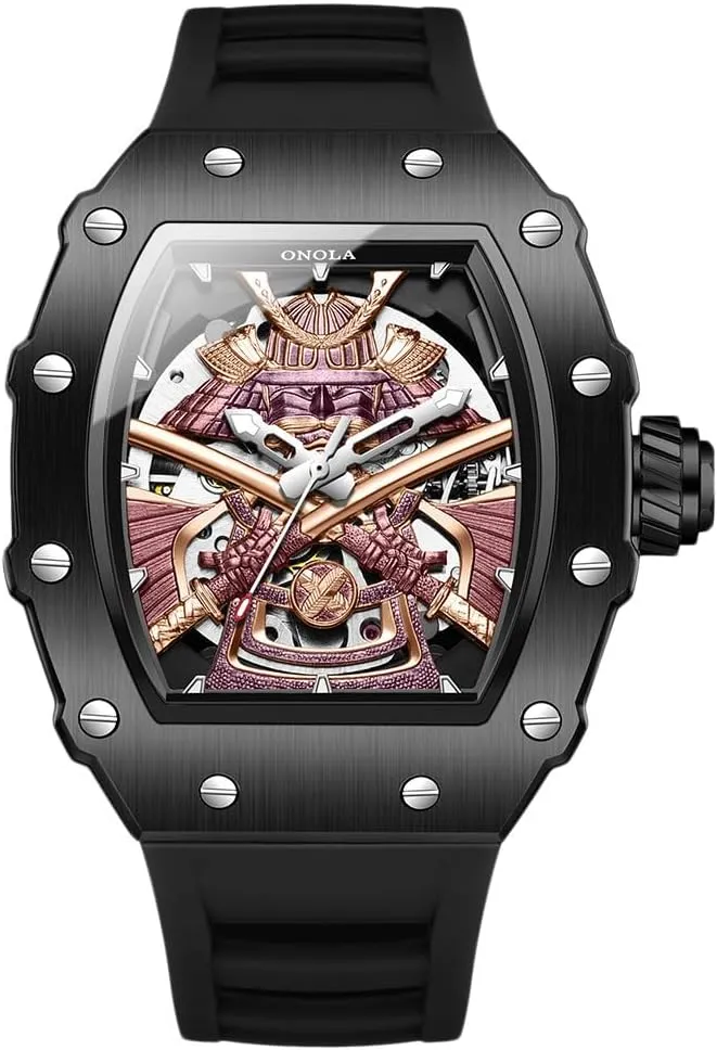 Unique Hollow Skeleton Automatic Movement Mechanical Watches for Men Fashion Black-Warrior Waterproof Luminous Wristwatch