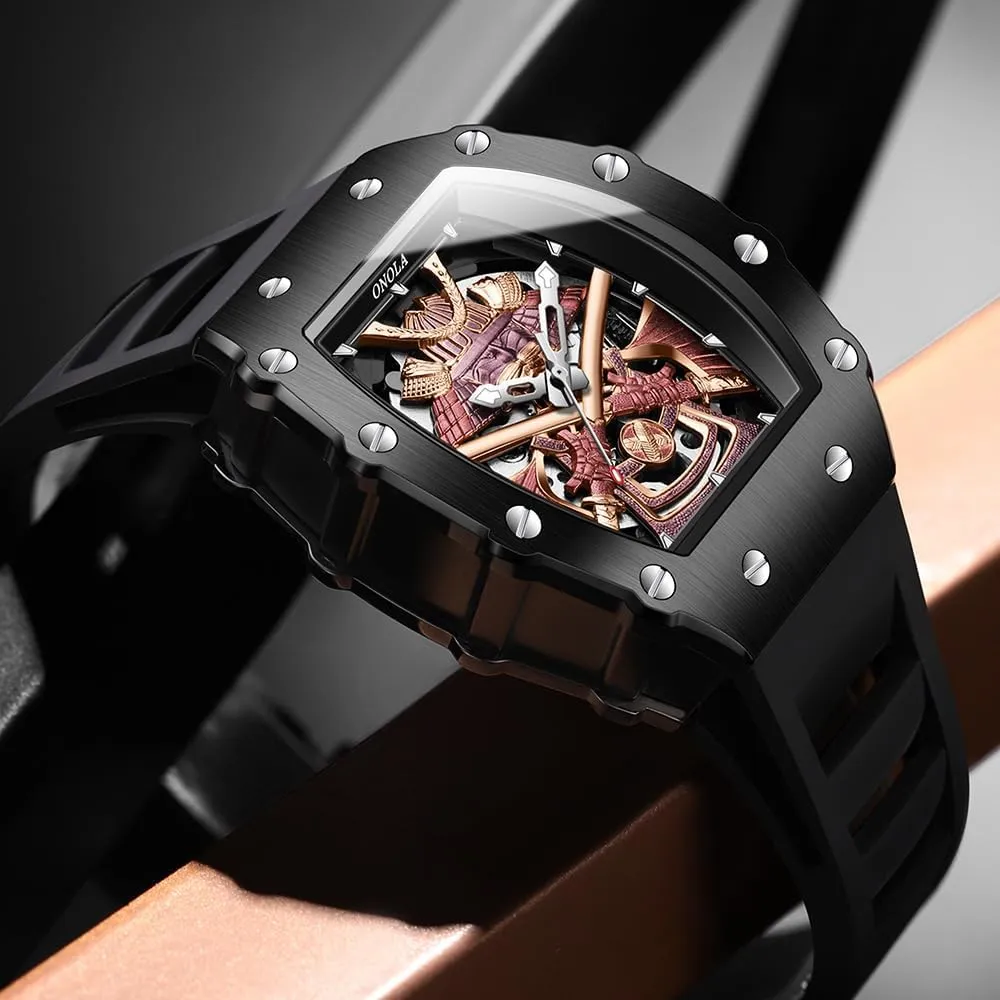 Unique Hollow Skeleton Automatic Movement Mechanical Watches for Men Fashion Black-Warrior Waterproof Luminous Wristwatch
