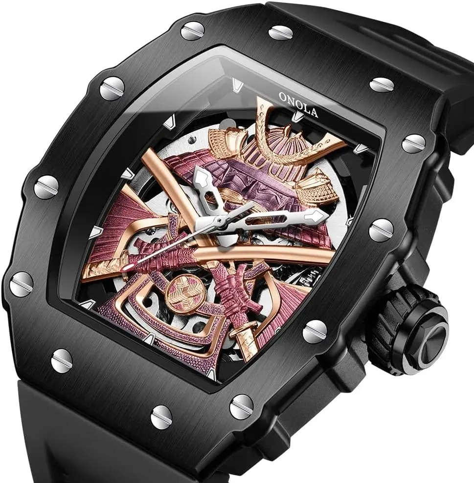 Unique Hollow Skeleton Automatic Movement Mechanical Watches for Men Fashion Black-Warrior Waterproof Luminous Wristwatch