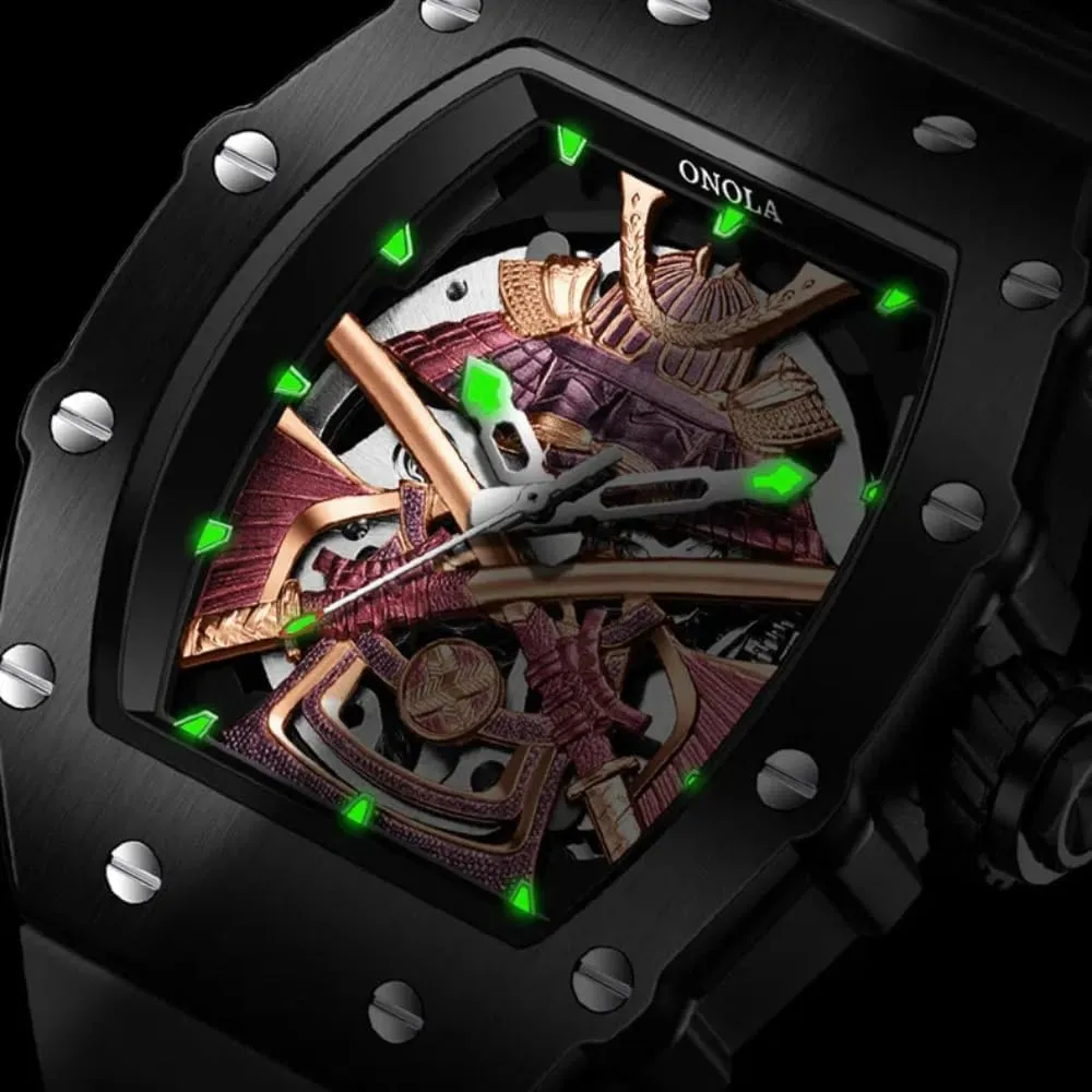 Unique Hollow Skeleton Automatic Movement Mechanical Watches for Men Fashion Black-Warrior Waterproof Luminous Wristwatch