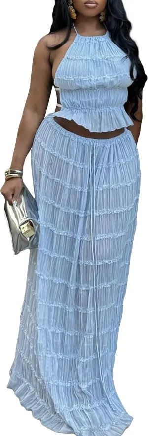 Unybwonn Maxi Skirt Set Summer Two Piece Outfits Backless Backless Halter Top Pleated Flowy Long Skirts Y2k Beach Set