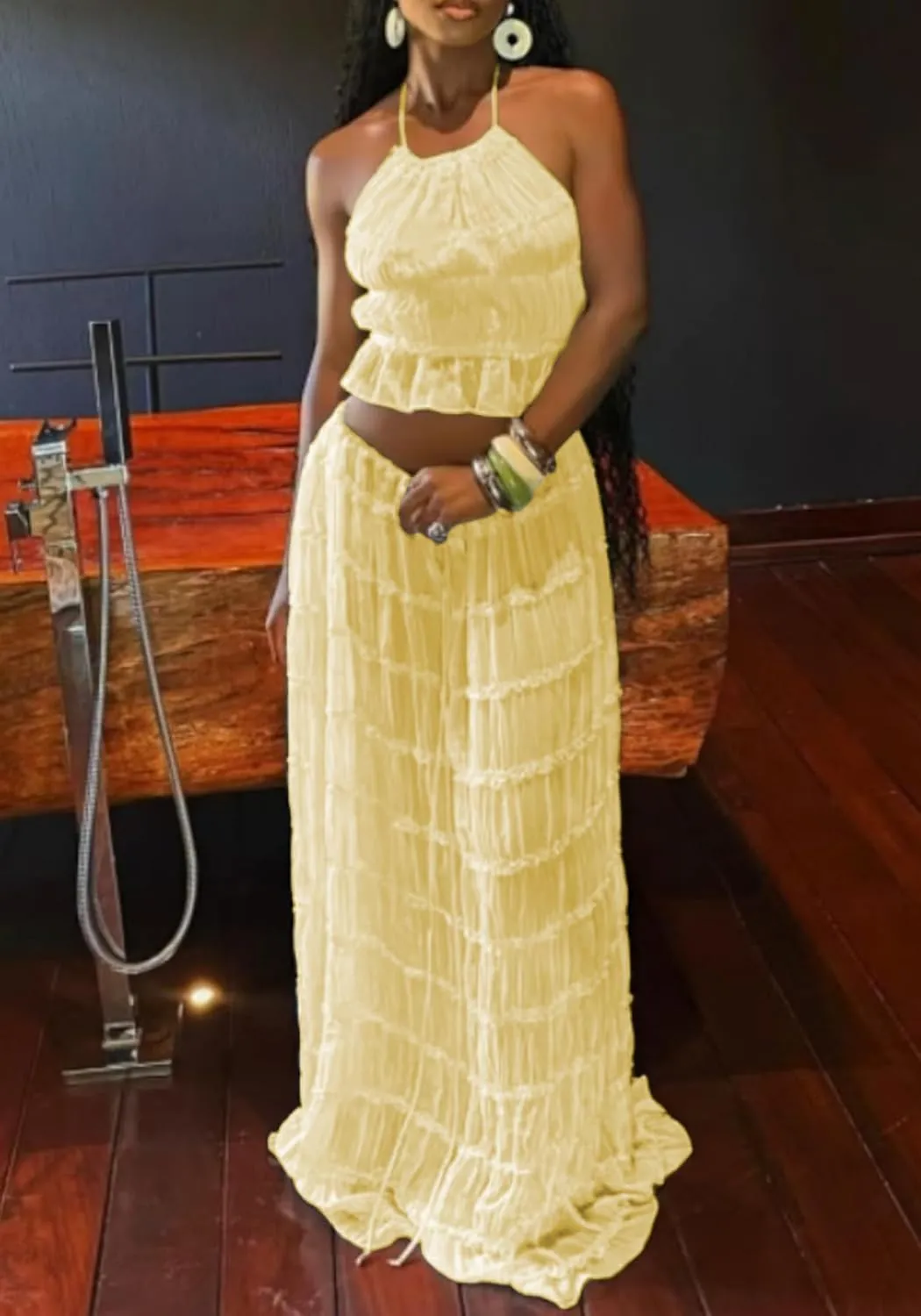 Unybwonn Maxi Skirt Set Summer Two Piece Outfits Backless Backless Halter Top Pleated Flowy Long Skirts Y2k Beach Set