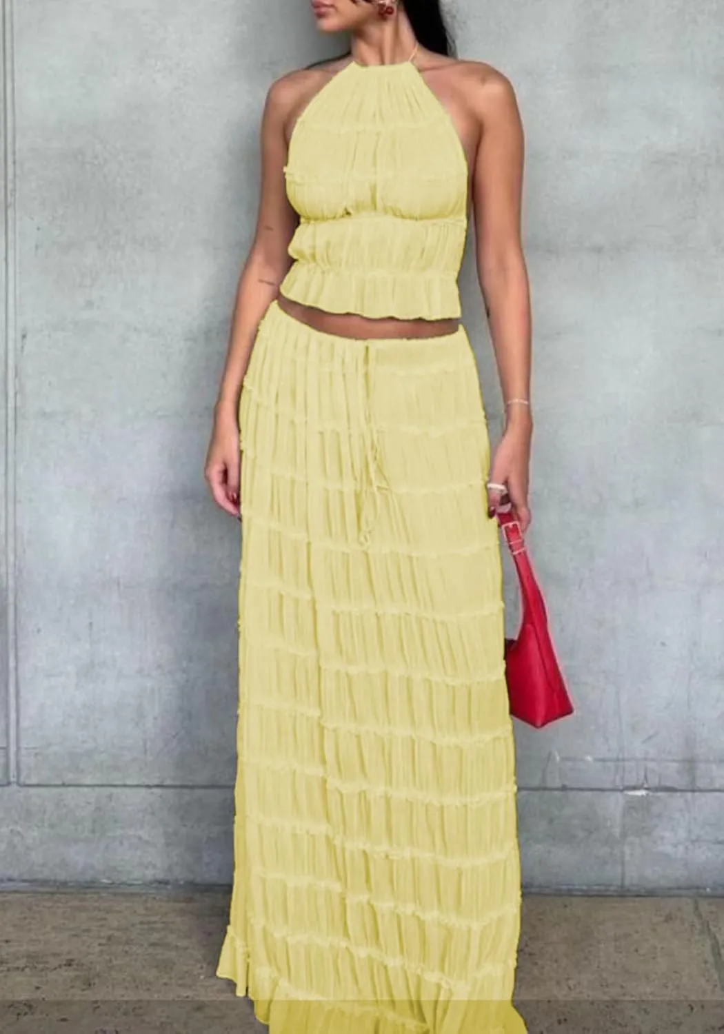Unybwonn Maxi Skirt Set Summer Two Piece Outfits Backless Backless Halter Top Pleated Flowy Long Skirts Y2k Beach Set