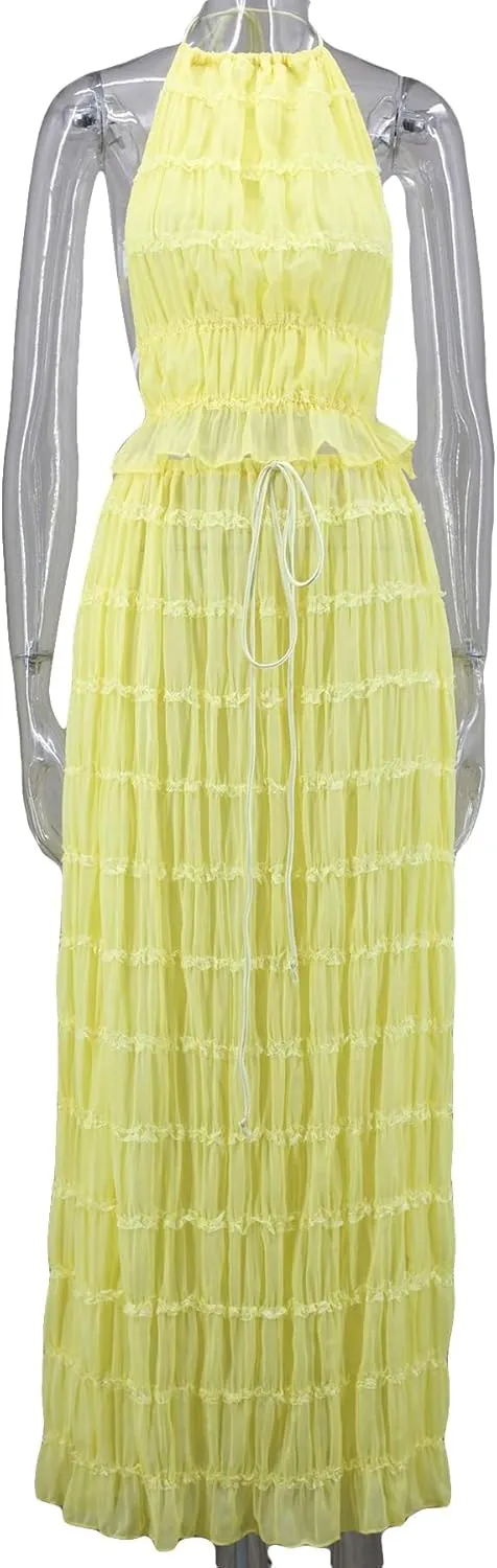 Unybwonn Maxi Skirt Set Summer Two Piece Outfits Backless Backless Halter Top Pleated Flowy Long Skirts Y2k Beach Set