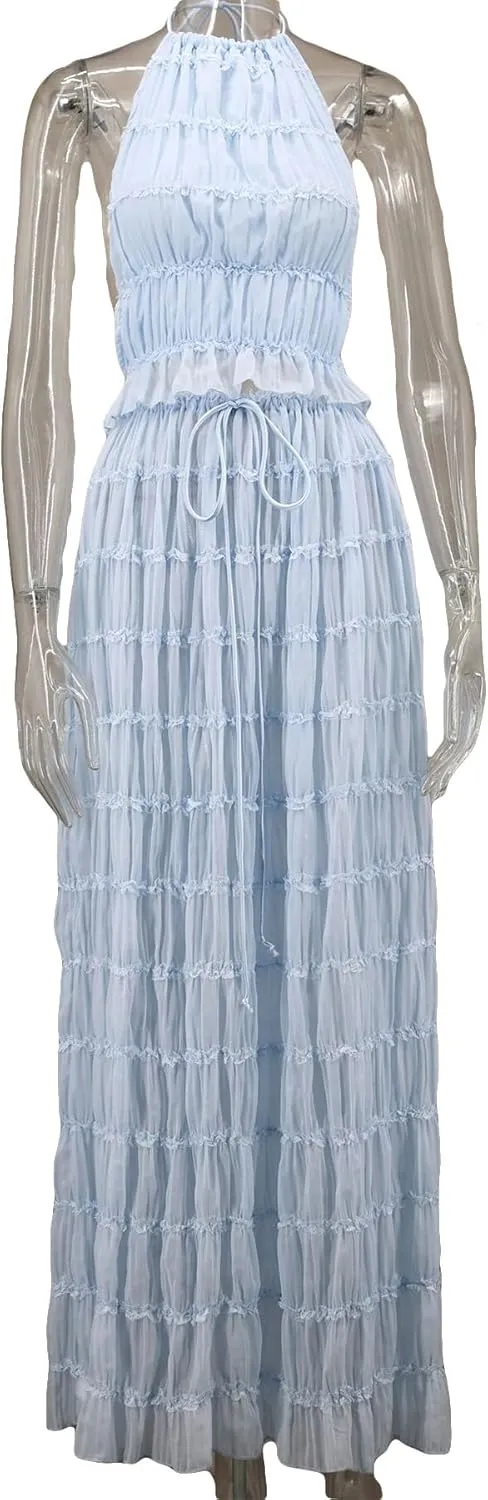 Unybwonn Maxi Skirt Set Summer Two Piece Outfits Backless Backless Halter Top Pleated Flowy Long Skirts Y2k Beach Set