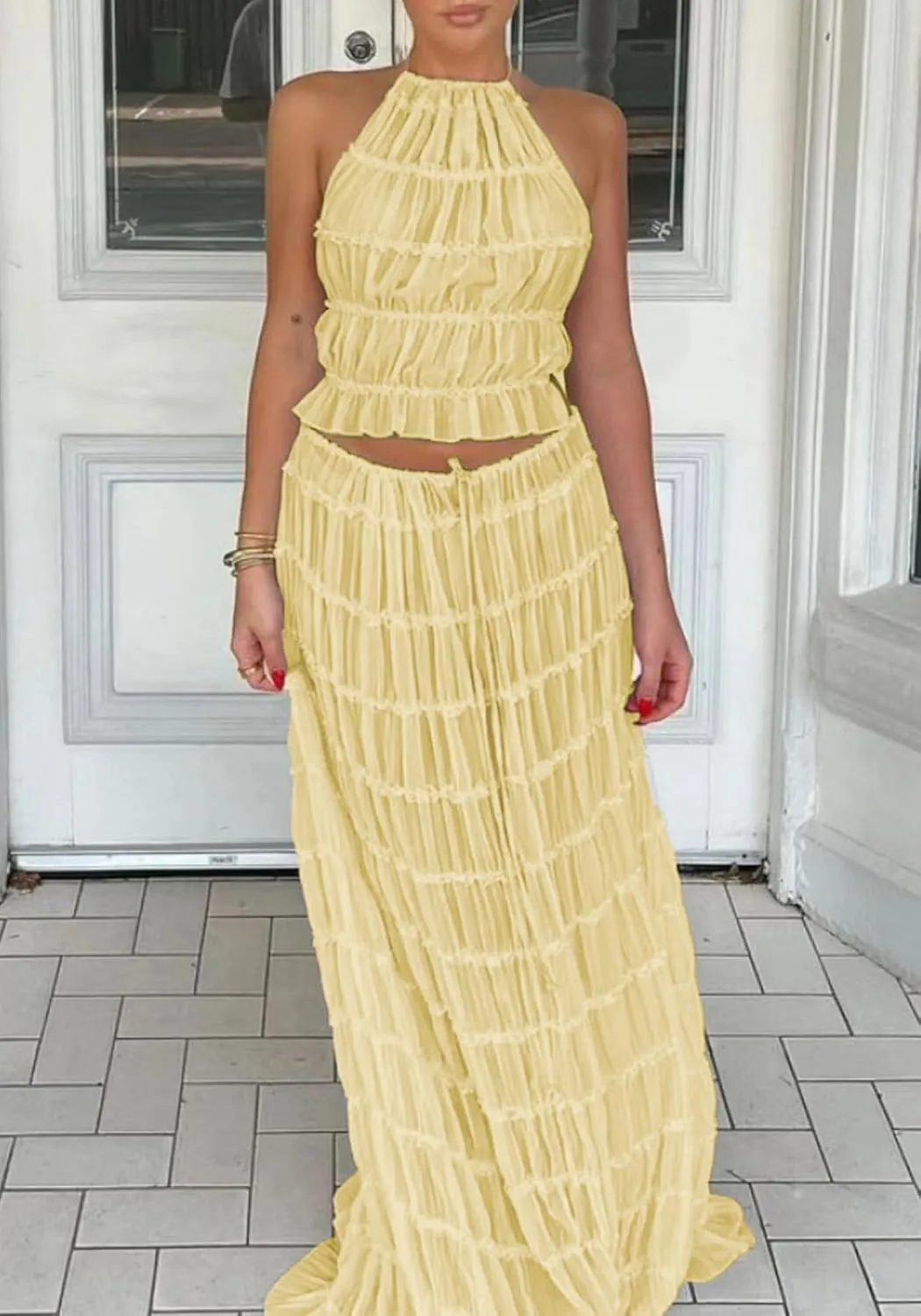Unybwonn Maxi Skirt Set Summer Two Piece Outfits Backless Backless Halter Top Pleated Flowy Long Skirts Y2k Beach Set