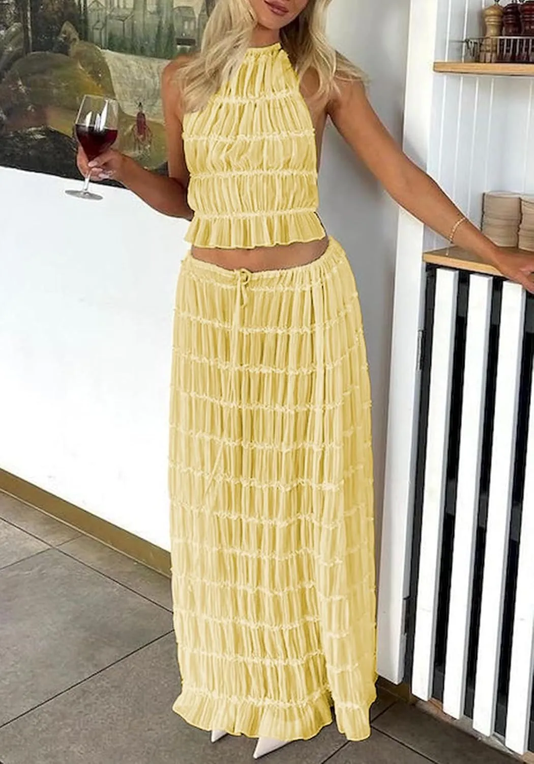 Unybwonn Maxi Skirt Set Summer Two Piece Outfits Backless Backless Halter Top Pleated Flowy Long Skirts Y2k Beach Set