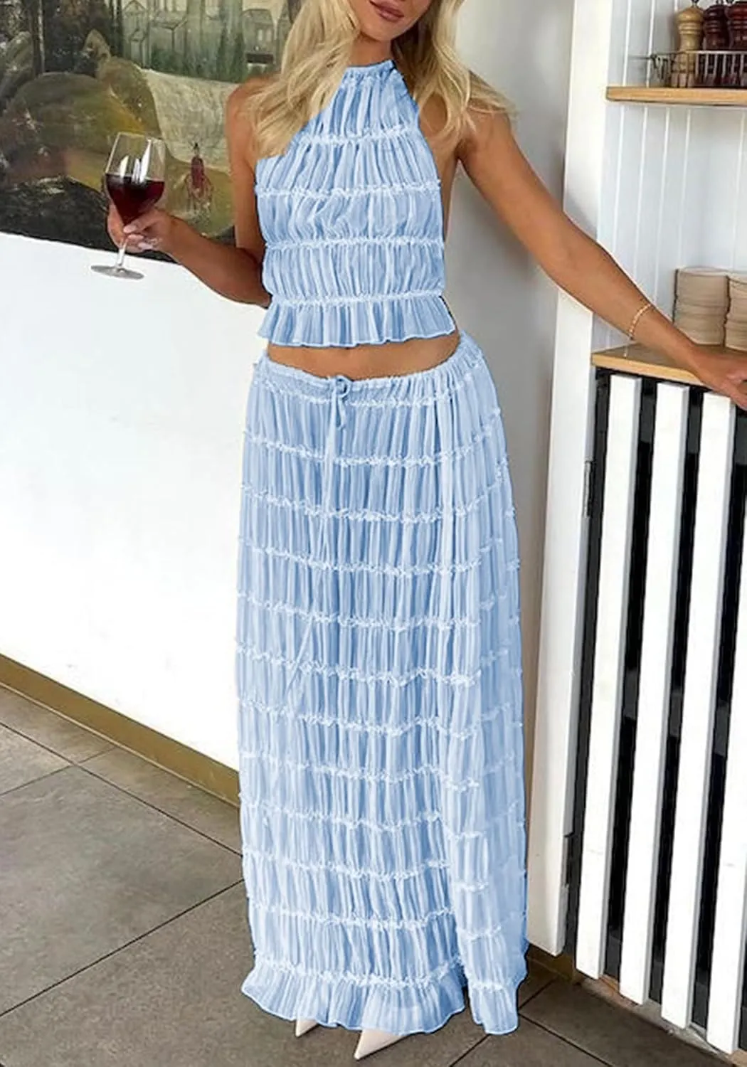 Unybwonn Maxi Skirt Set Summer Two Piece Outfits Backless Backless Halter Top Pleated Flowy Long Skirts Y2k Beach Set