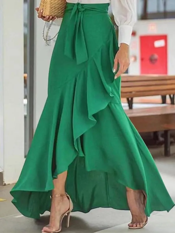 UOOZEE Women's Wrap Front Flowy Ruffle Hem Split Long Skirts Self Tie Knot Elastic Waist Maxi Skirts