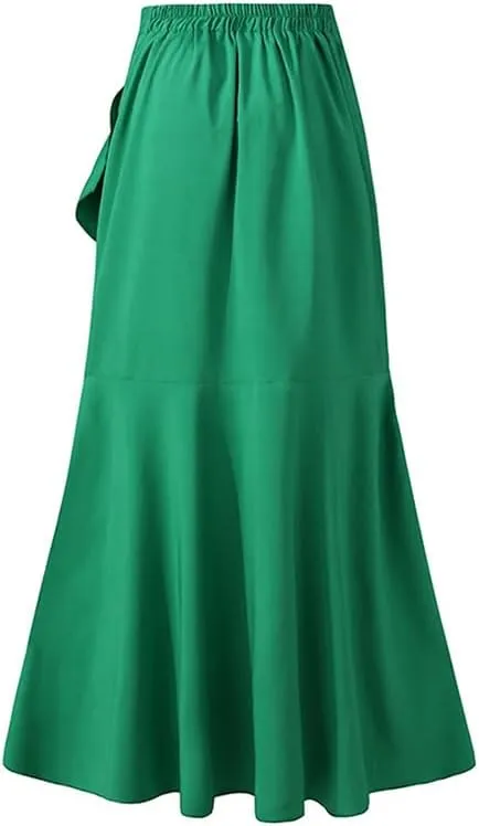 UOOZEE Women's Wrap Front Flowy Ruffle Hem Split Long Skirts Self Tie Knot Elastic Waist Maxi Skirts