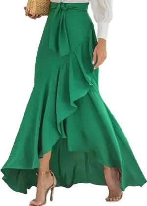 UOOZEE Women's Wrap Front Flowy Ruffle Hem Split Long Skirts Self Tie Knot Elastic Waist Maxi Skirts