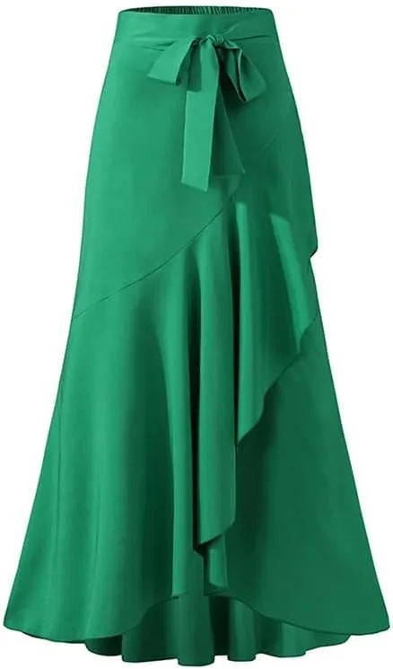 UOOZEE Women's Wrap Front Flowy Ruffle Hem Split Long Skirts Self Tie Knot Elastic Waist Maxi Skirts