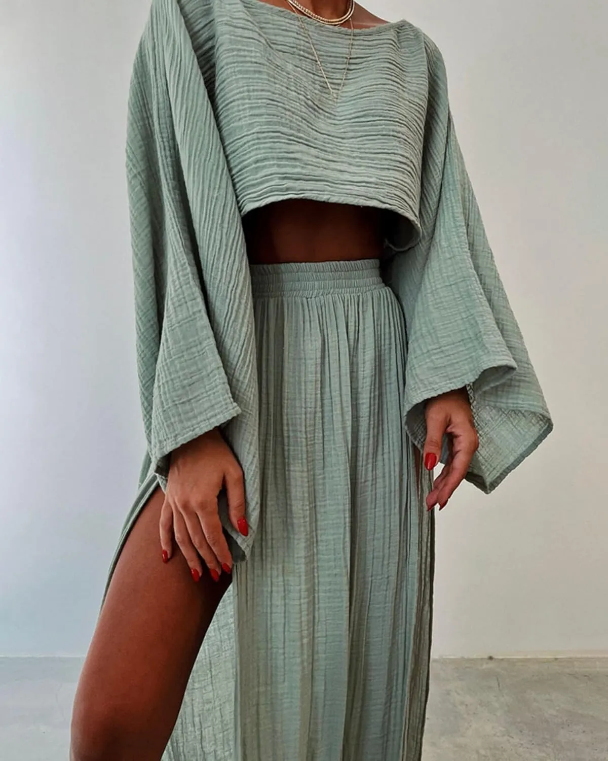 VCM 2 Piece Set High Slit Skirt Boho Maxi Dress Beach Cover Ups for Women Sarong Bikini Coverup Vacation Outfits