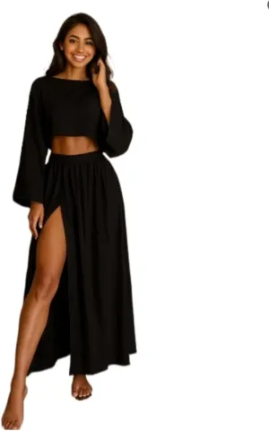 VCM 2 Piece Set High Slit Skirt Boho Maxi Dress Beach Cover Ups for Women Sarong Bikini Coverup Vacation Outfits