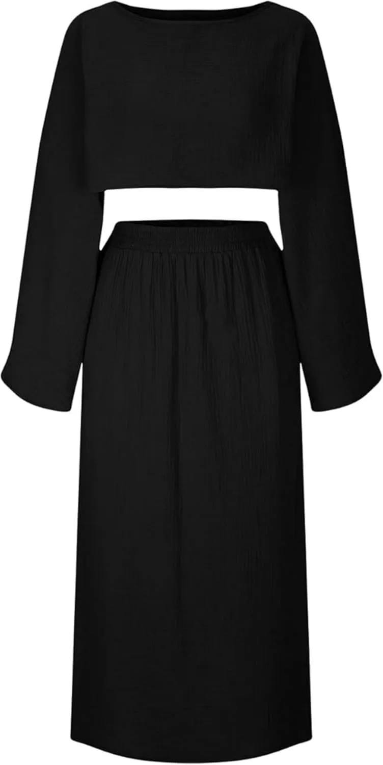 VCM 2 Piece Set High Slit Skirt Boho Maxi Dress Beach Cover Ups for Women Sarong Bikini Coverup Vacation Outfits