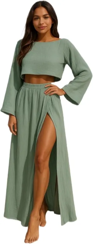 VCM 2 Piece Set High Slit Skirt Boho Maxi Dress Beach Cover Ups for Women Sarong Bikini Coverup Vacation Outfits