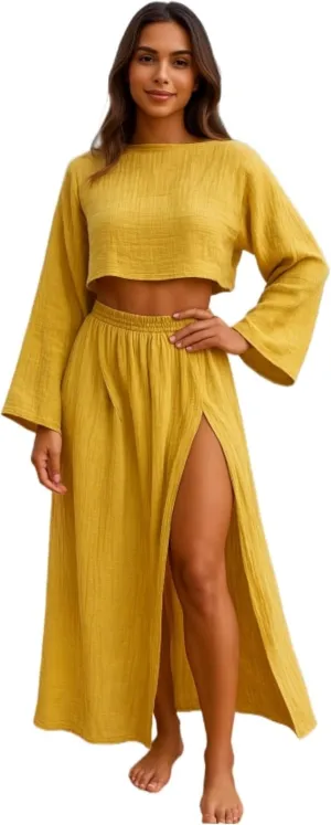 VCM 2 Piece Set High Slit Skirt Boho Maxi Dress Beach Cover Ups for Women Sarong Bikini Coverup Vacation Outfits
