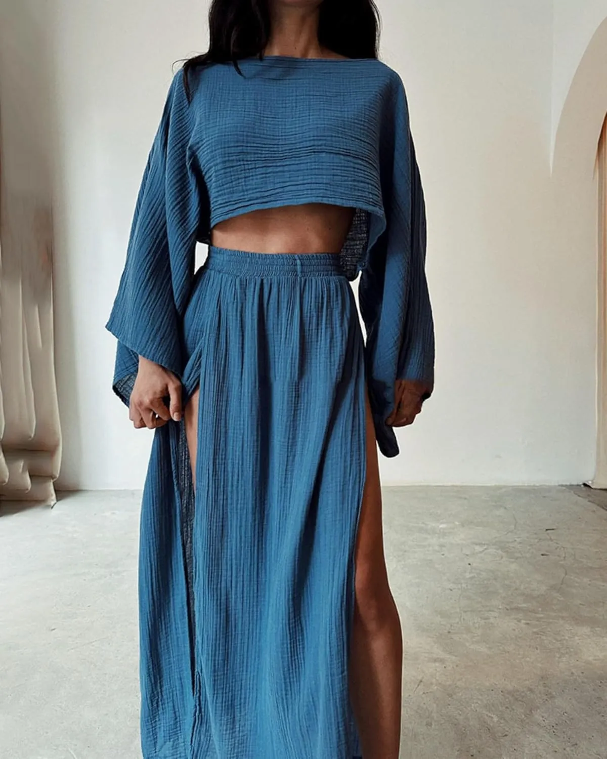VCM 2 Piece Set High Slit Skirt Boho Maxi Dress Beach Cover Ups for Women Sarong Bikini Coverup Vacation Outfits