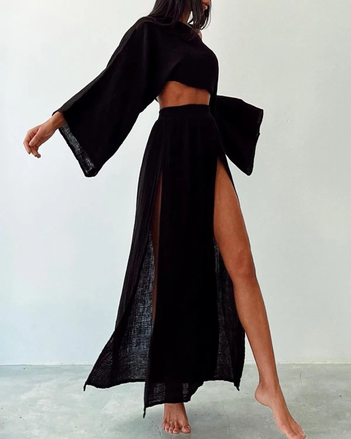 VCM 2 Piece Set High Slit Skirt Boho Maxi Dress Beach Cover Ups for Women Sarong Bikini Coverup Vacation Outfits