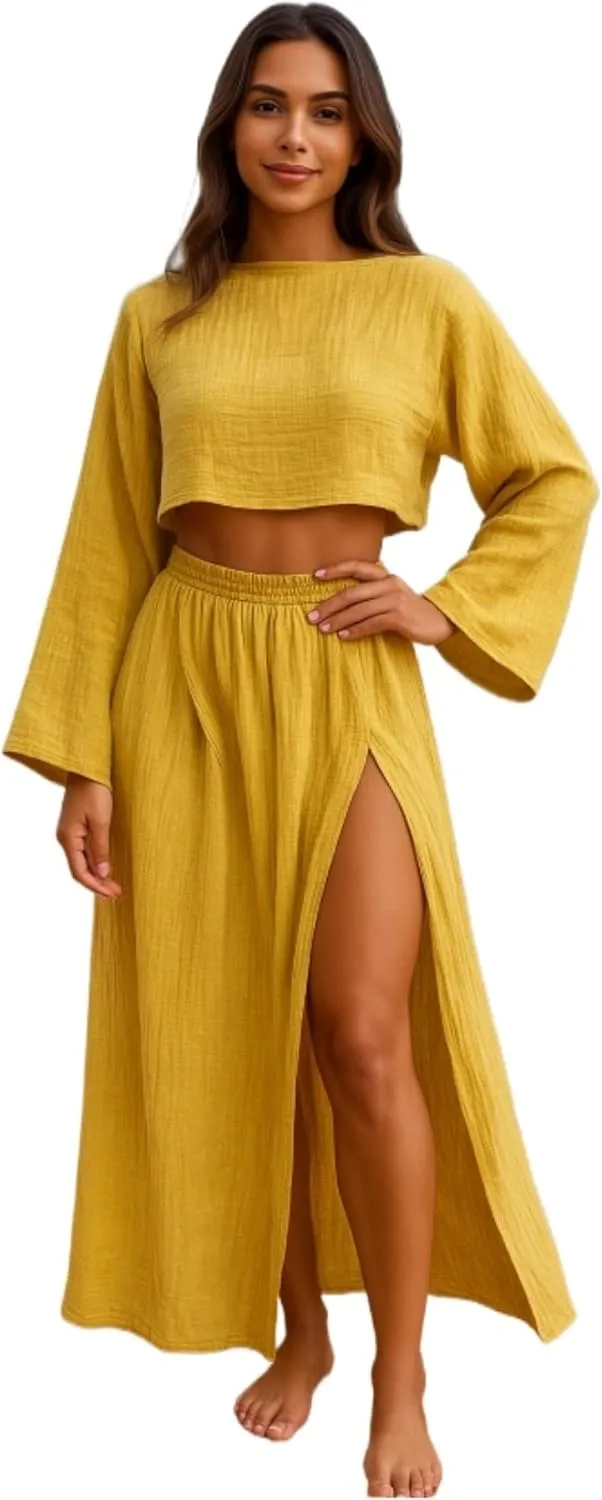 VCM 2 Piece Set High Slit Skirt Boho Maxi Dress Beach Cover Ups for Women Sarong Bikini Coverup Vacation Outfits