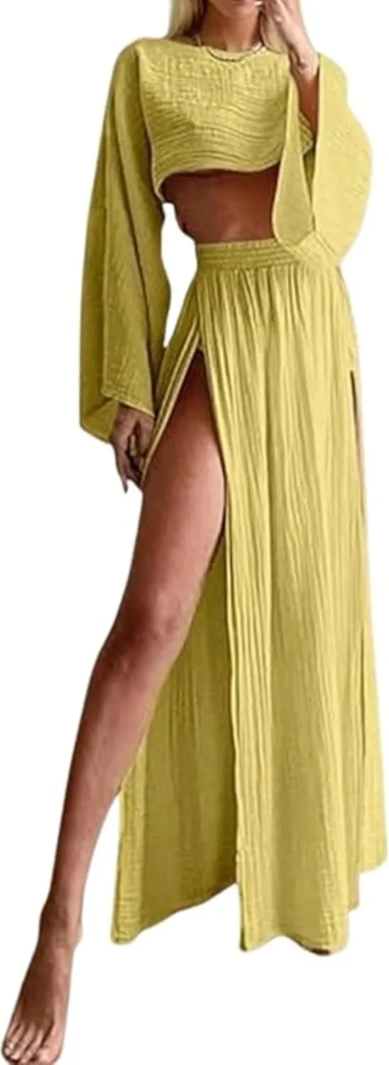 VCM 2 Piece Set High Slit Skirt Boho Maxi Dress Beach Cover Ups for Women Sarong Bikini Coverup Vacation Outfits