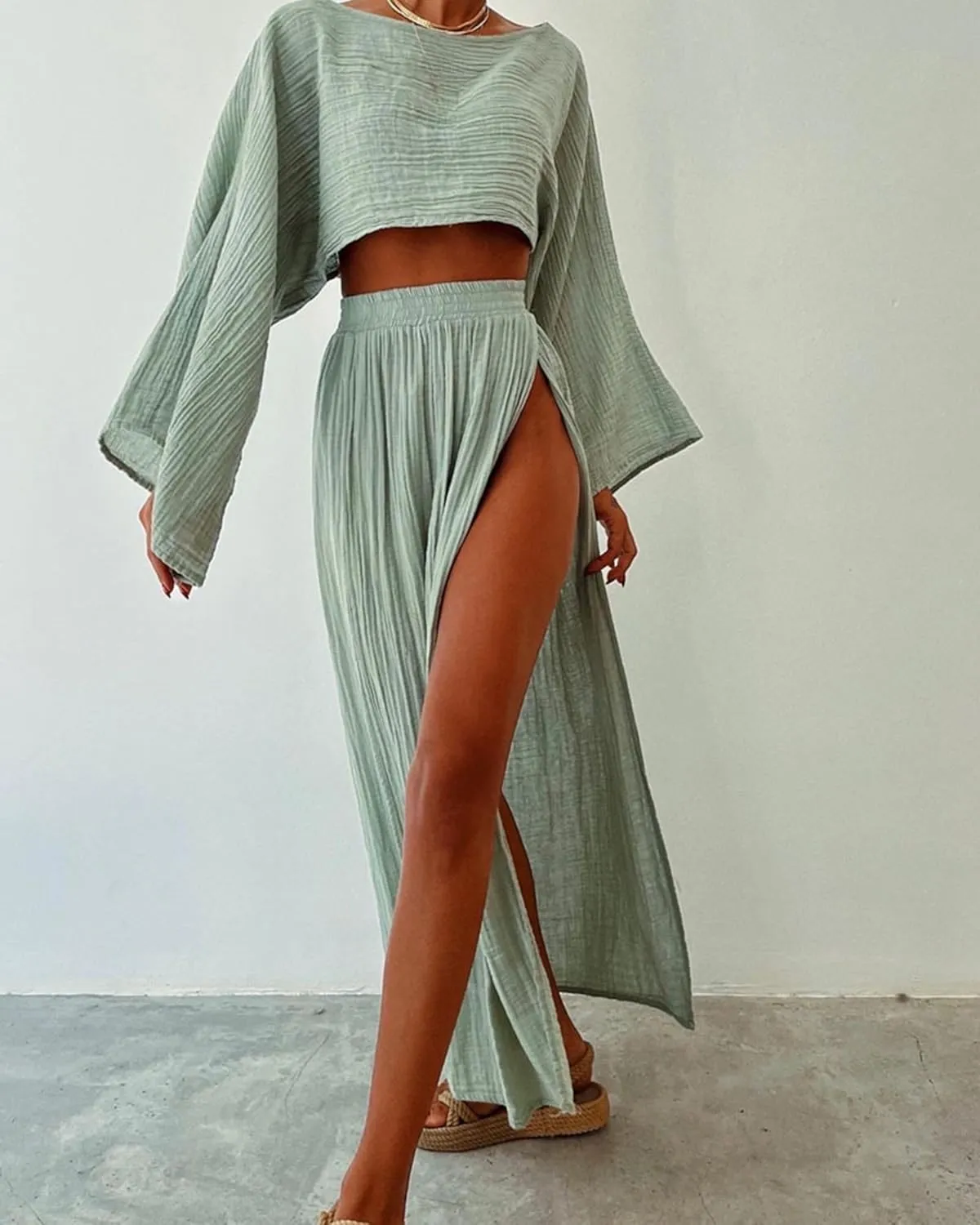 VCM 2 Piece Set High Slit Skirt Boho Maxi Dress Beach Cover Ups for Women Sarong Bikini Coverup Vacation Outfits