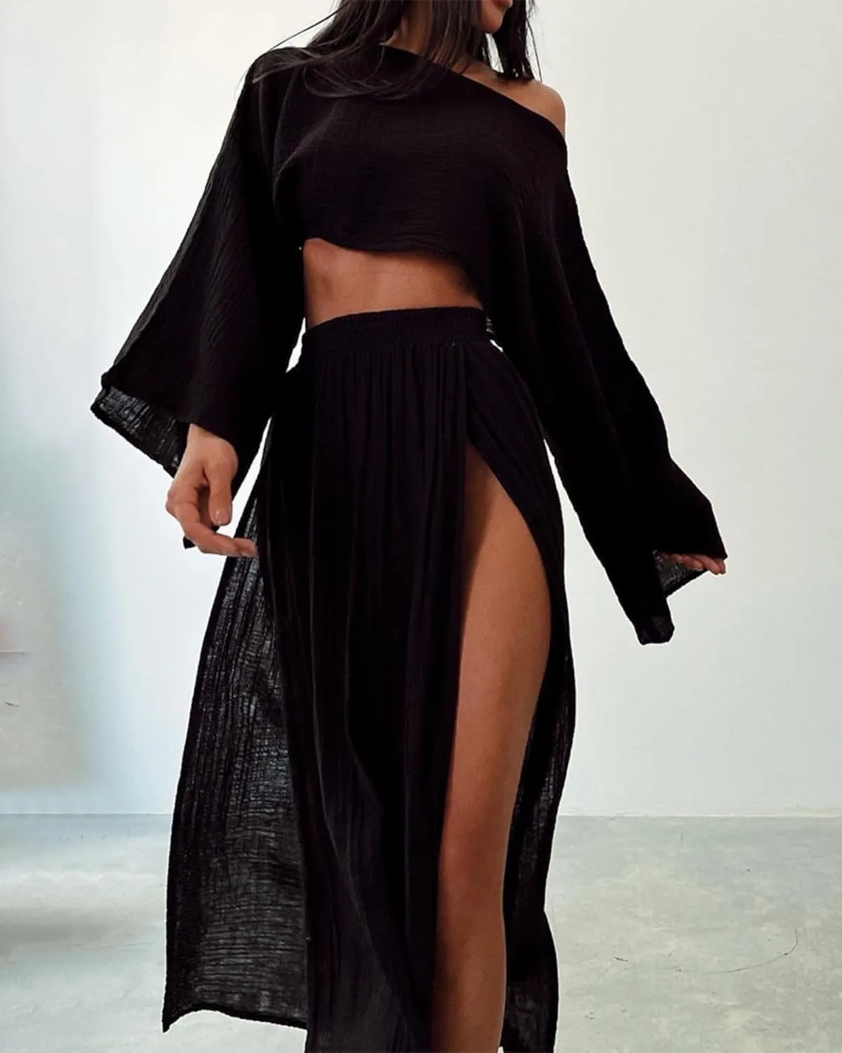 VCM 2 Piece Set High Slit Skirt Boho Maxi Dress Beach Cover Ups for Women Sarong Bikini Coverup Vacation Outfits