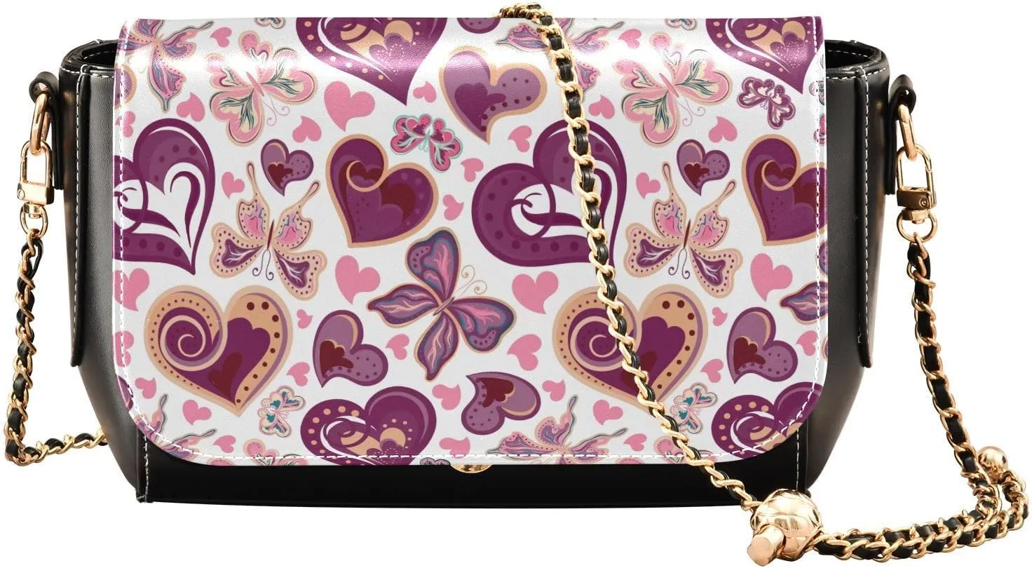 Vintage Butterflies and Hearts Crossbody Bags for Women, Trendy Small Shoulder Bag, PU Leather Clutch Purse Underarm Handbag Satchel HandBag with Adjustable Metal Chain