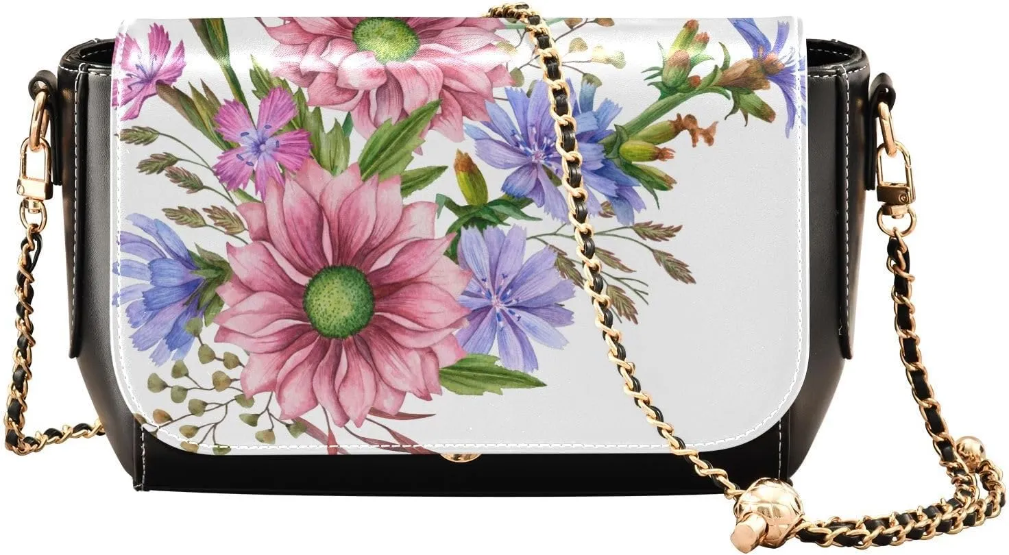 Vintage Chrysanthemums Crossbody Bags for Women, Trendy Small Shoulder Bag, PU Leather Clutch Purse Underarm Handbag Satchel HandBag with Adjustable Metal Chain