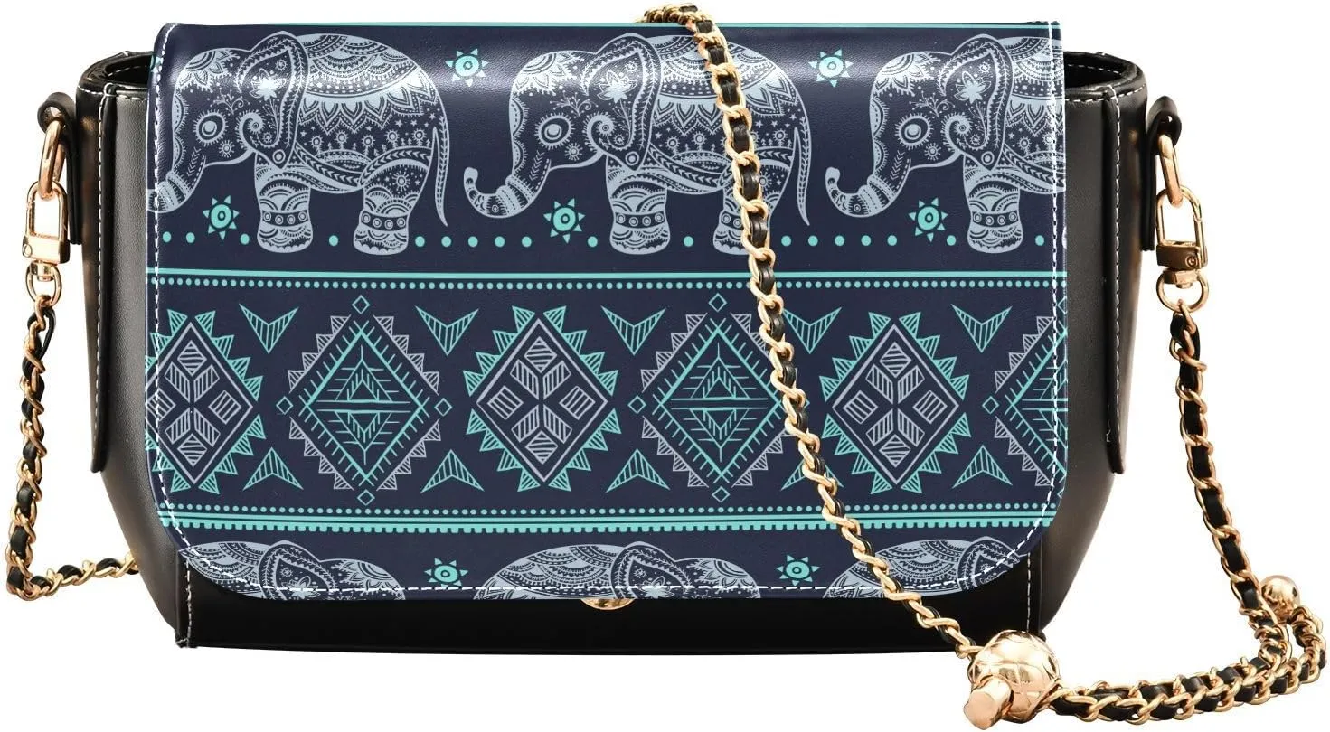 Vintage Ethnic Elephant Crossbody Bags for Women, Trendy Small Shoulder Bag, PU Leather Clutch Purse Underarm Handbag Satchel HandBag with Adjustable Metal Chain