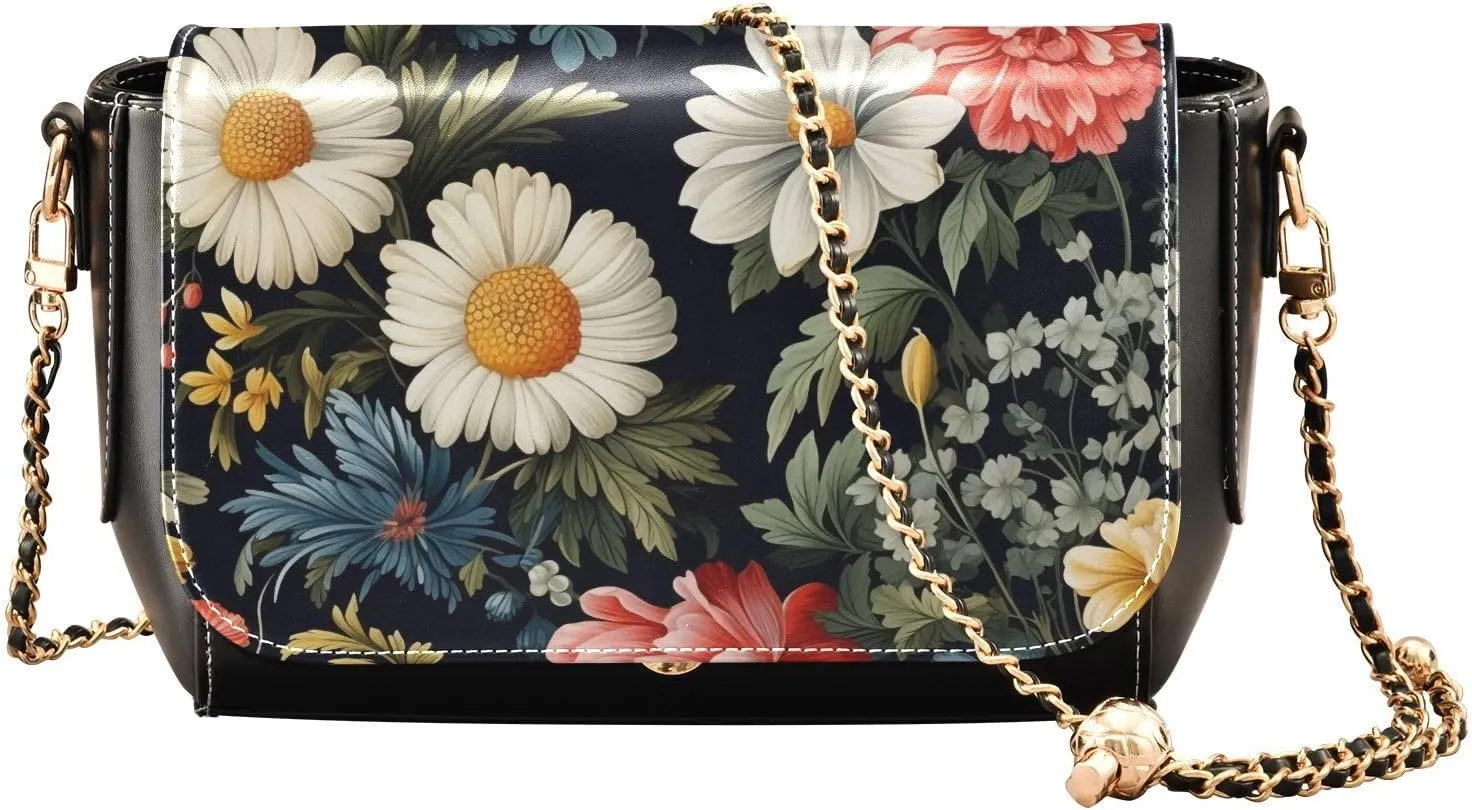 Vintage Floral Background Crossbody Bags for Women, Trendy Small Shoulder Bag, PU Leather Clutch Purse Underarm Handbag Satchel HandBag with Adjustable Metal Chain