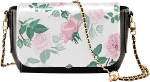 Vintage Pink Roses Crossbody Bags for Women, Trendy Small Shoulder Bag, PU Leather Clutch Purse Underarm Handbag Satchel HandBag with Adjustable Metal Chain