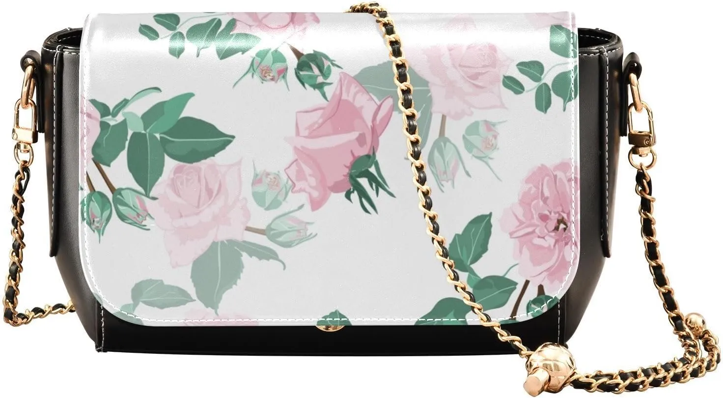 Vintage Pink Roses Crossbody Bags for Women, Trendy Small Shoulder Bag, PU Leather Clutch Purse Underarm Handbag Satchel HandBag with Adjustable Metal Chain