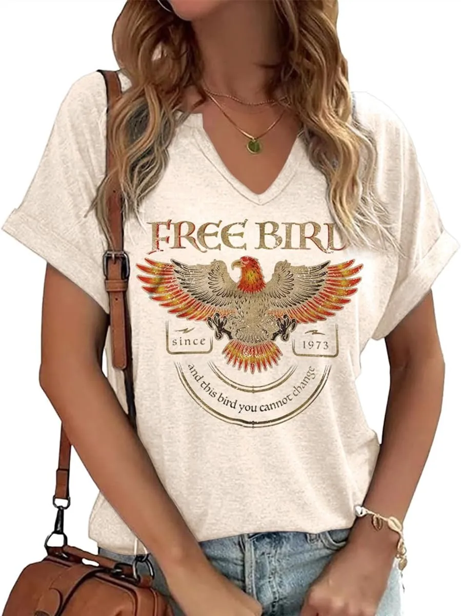 Vintage Rock Band T Shirt for Women Fashion Musical Tees Casual Sexy Notched V-Neck T Shirts Country Music Short Sleeve Tees