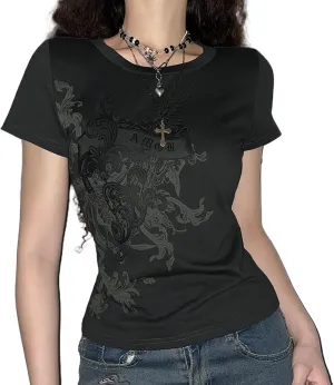 Vintage Y2K Grunge Aesthetic Gothic Punk T Shirt Short Sleeve Rock Graphic Print Crop Tee Slim Fairy Cotton Streetwear